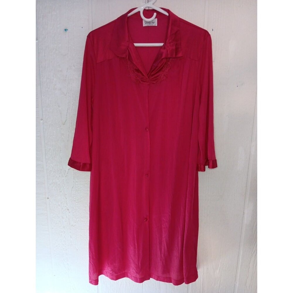 Vtg Vanity Fair Women's L 3/4 Sleeve Robe Hot Pink Button Front Nylon USA Made